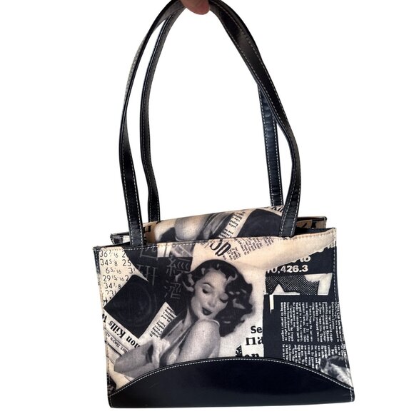 Vintage-Pin Up Inspired Black & White Newspaper Print Handbag With Double Handle - Picture 9 of 10